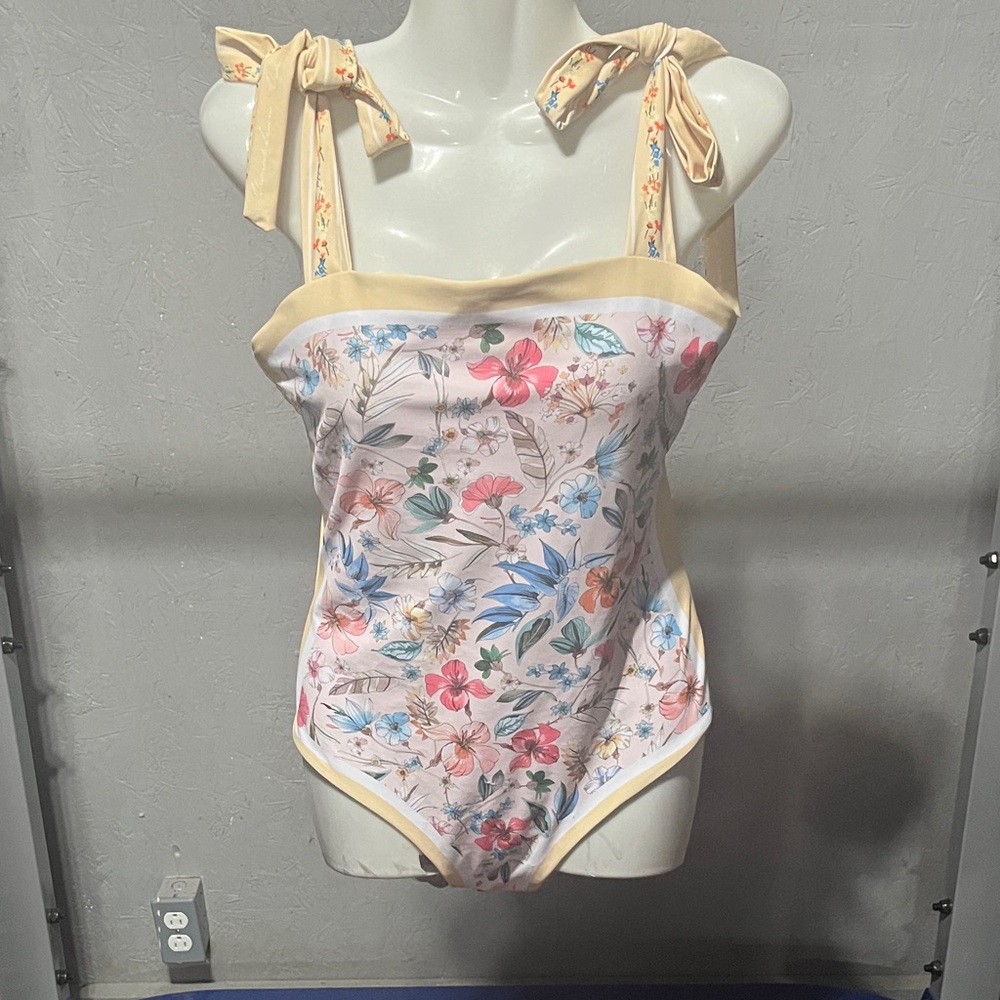 Floral One-Piece Swimsuit with Yellow Trim
